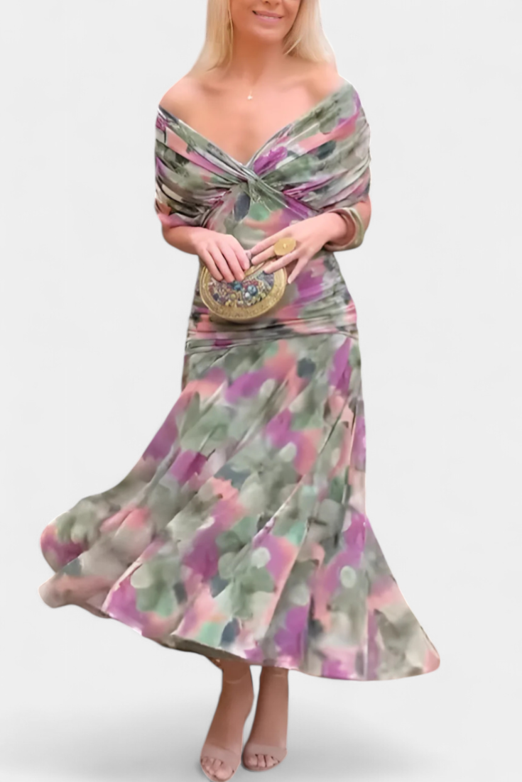 Iselina | Vestido Largo Fruncido Para Mujer Con Cuello En V Elegante
